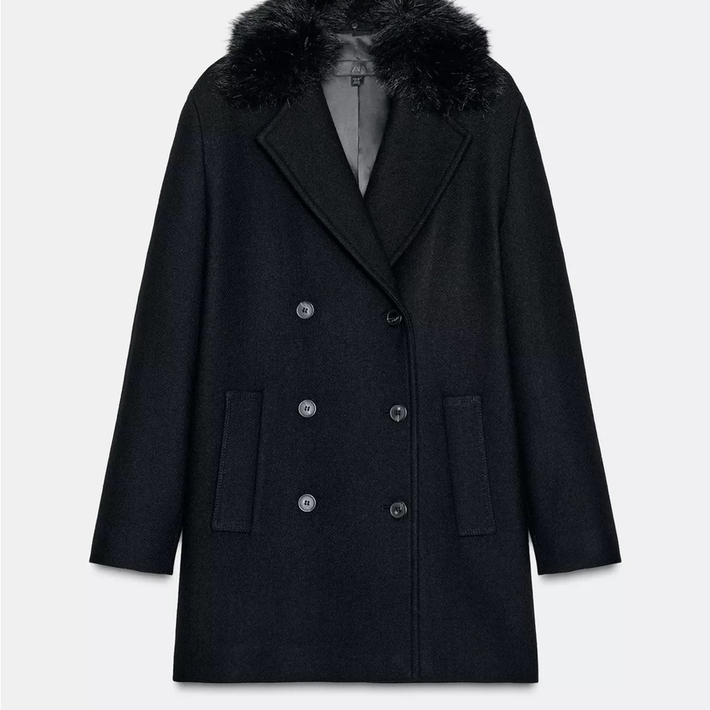 Zara short wool coat with faux fur lapel in black - medium